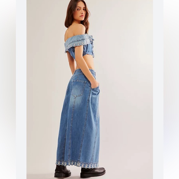 Free People Denim Embroidered Maxi Skirt and Cropped Top Set - Picture 3 of 7